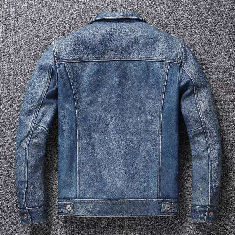 Designer Clothing 2025 Men's Motorcycle Light Blue Ami Khaki Retro Graphite Distressed Denim Genuine Leather Slim Short Jacket