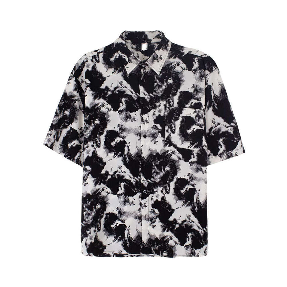 Summer Top Korean Loose High-End Drape Short Sleeve Men's Trendy Cool Ink Wash Non-Iron Shirt Trend B5