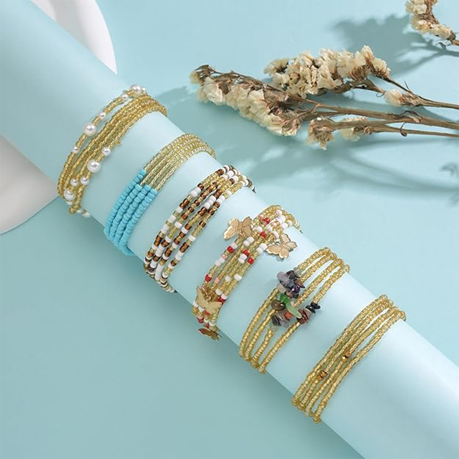 8Pcs 31.5 Inches African Waist Bead Chain Elastic Belly Beads Butterfly Shell Layered Body Chain Gold Tone Jewelry Accessories for Women