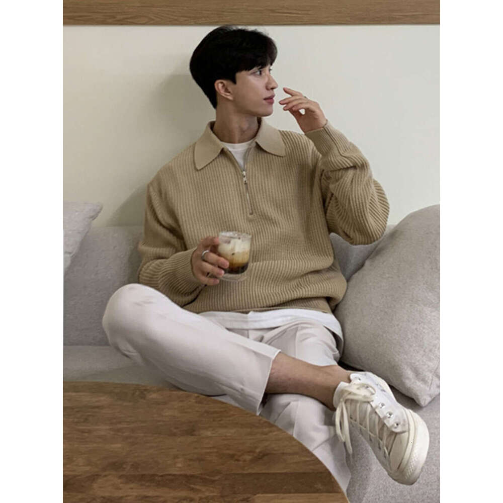 Half-Zip Sweater For Men, Autumn And Winter Korean Lazy Style, Turn-Down Collar Knitwear, Loose Casual Sweater, Trendy B5