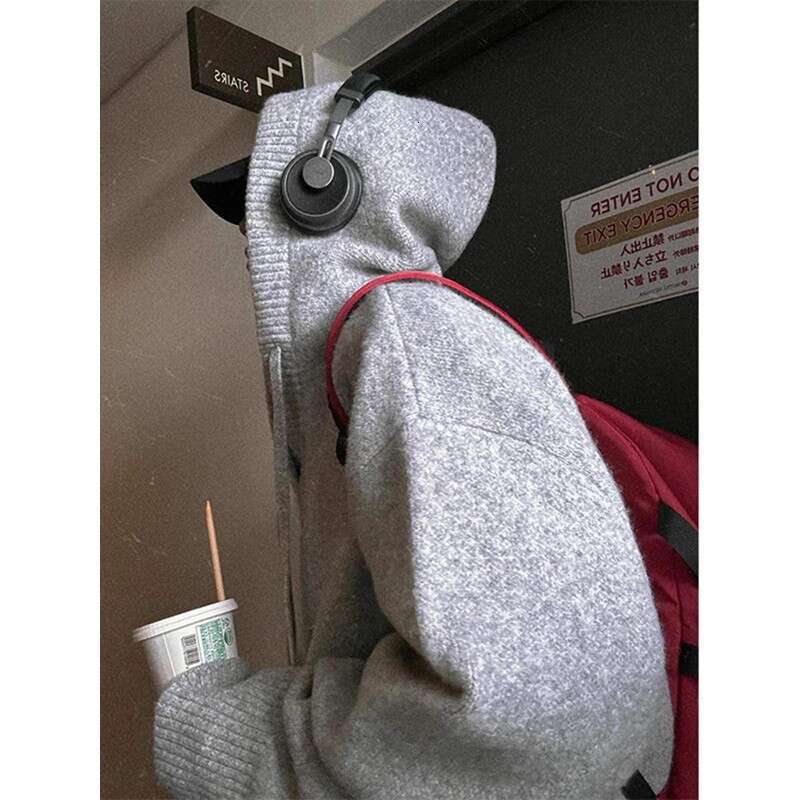 Gray Hooded Knitted Sweater For Men, Autumn And Winter Korean Style, Lazy American Cleanfit Wool Coat B5