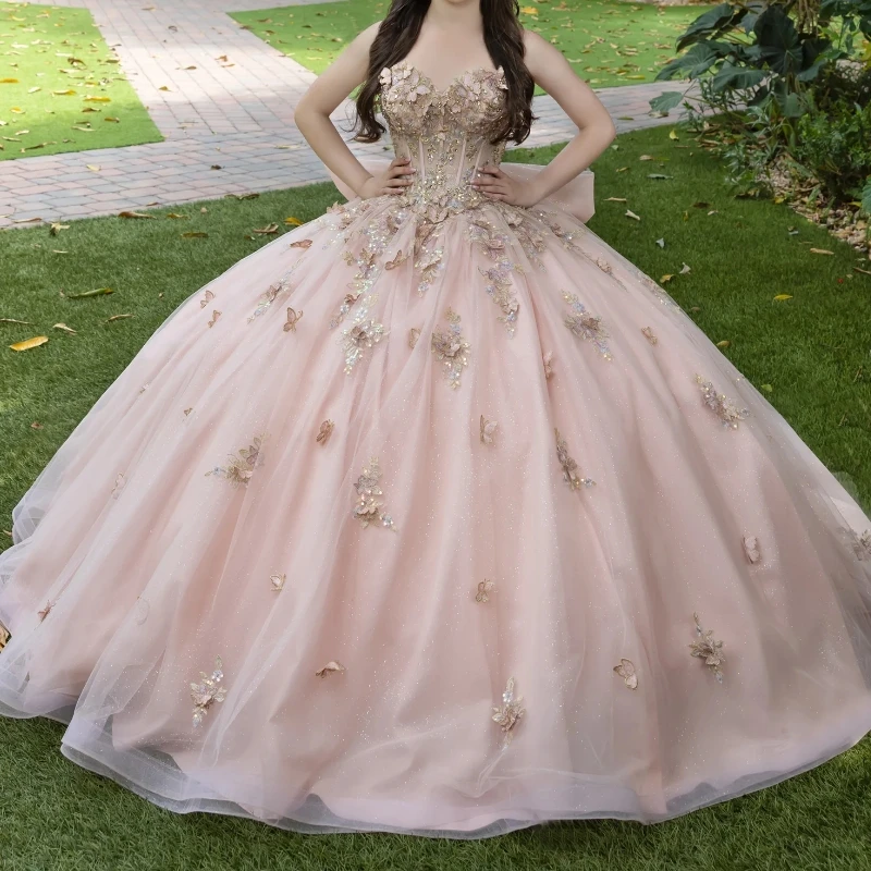 Light Pink Ball Gown Quinceanera Dresses Off the Shoulder Applique Bow Beads Bow Tull Corset Vestidos 15 De Anos Sweet 16 Dress