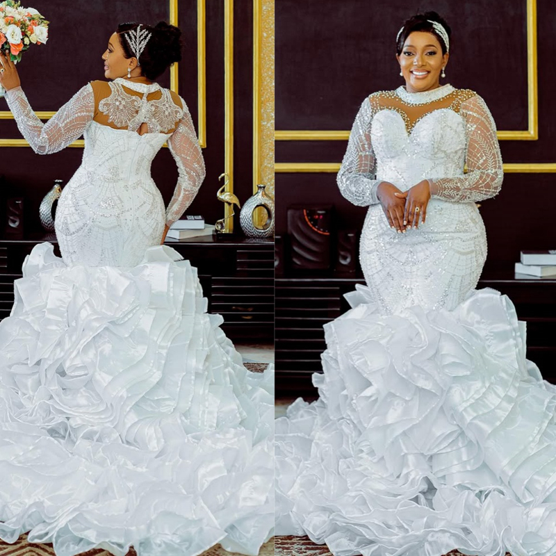 Arabic Aso Ebi Plus Size Ivory Wedding Dress 2025 Appliques Beaded Crystals Pearls Tiers Luxurious Bridal Gowns Dresses High Neck Rhinestones Wedding 