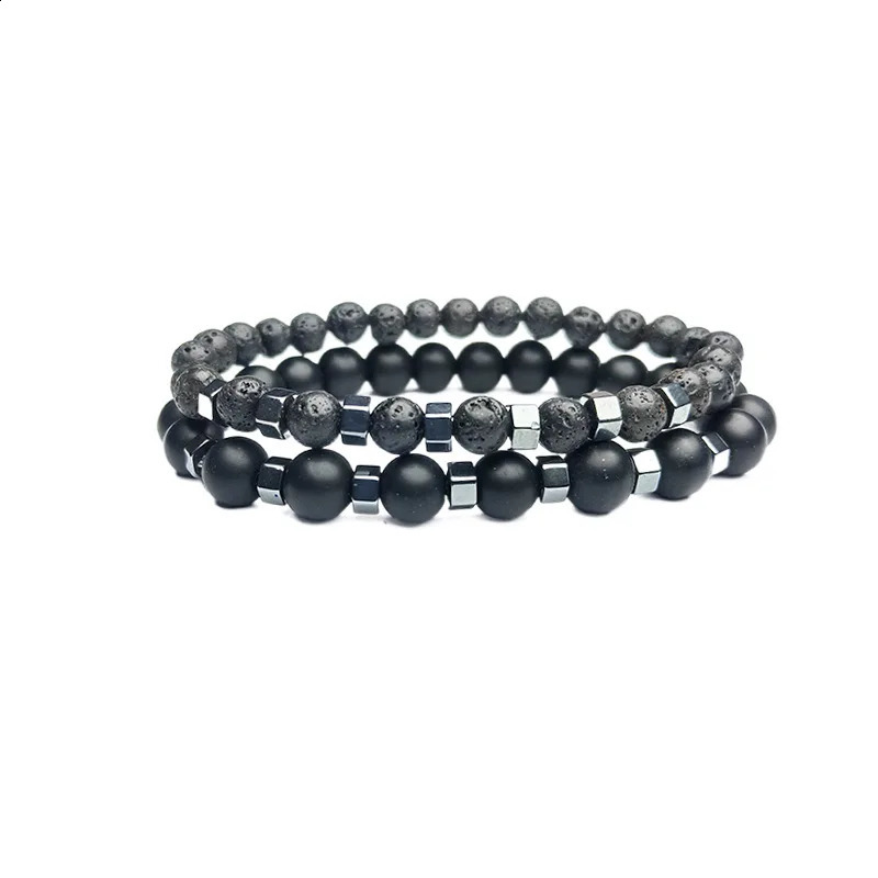 In Frosted Black Bead Volcanic Stone Mens Bracelet Set Double Layer Nature Stone Beaded Bracelets Gifts 250812
