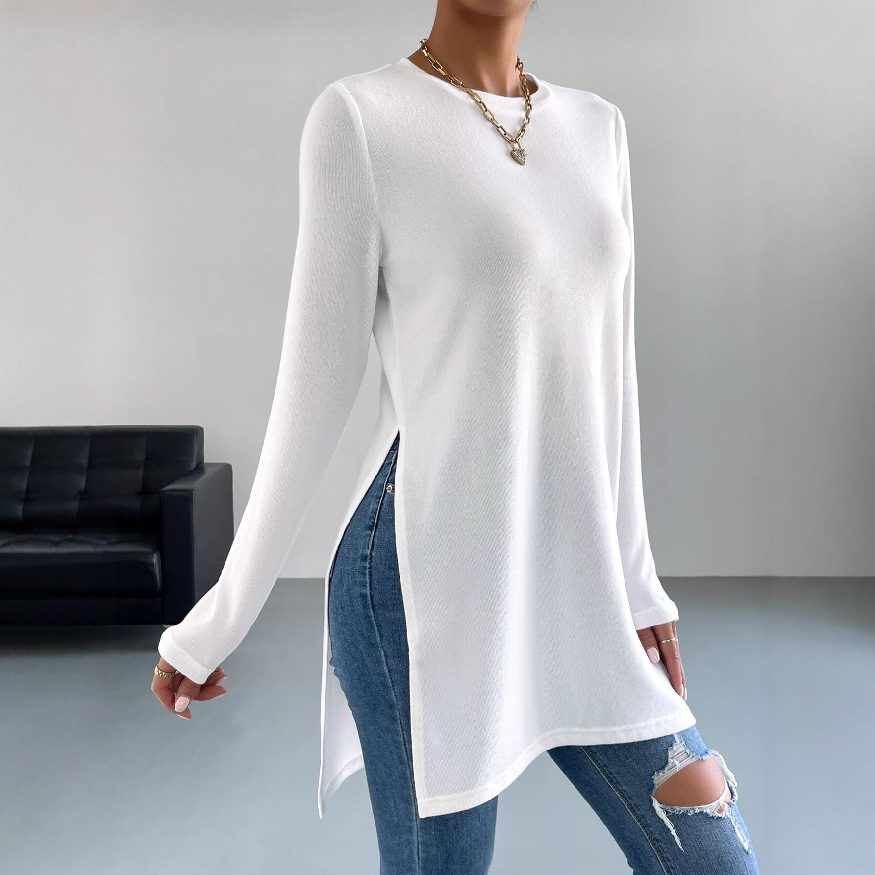 Women's Sleeve Top Solid Color Hem Split Long Version T-Shirt for Women
