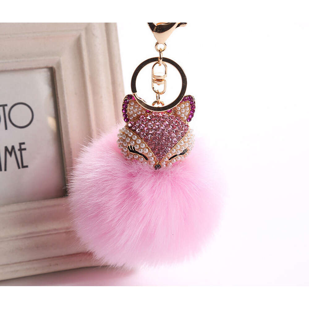 Creative Fox Head Pendant Keychain Extra Large Rabbit Fur Ball Plush Inlaid with Rhinestones for Phone and Bag