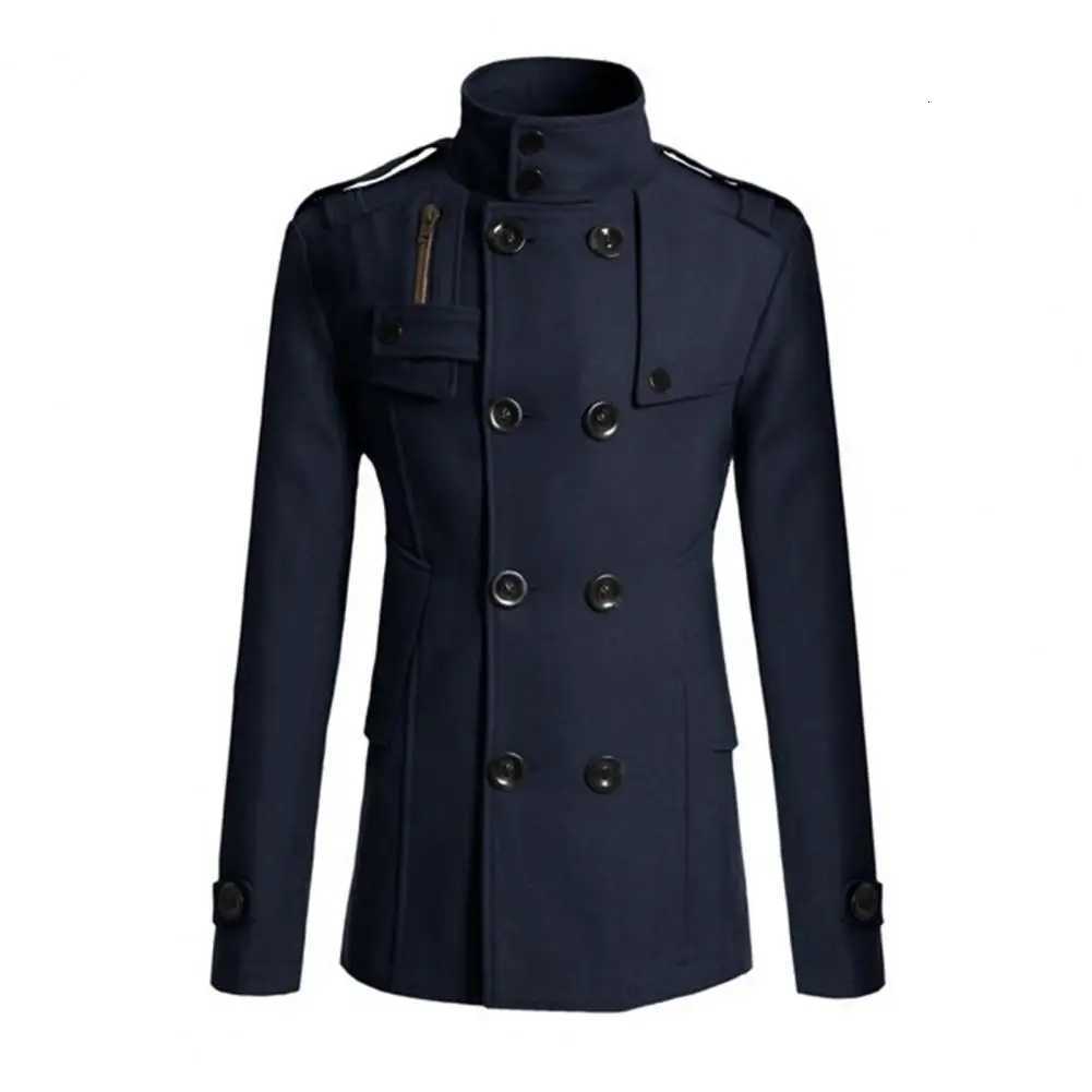 Men Woolen Coat Stand Collar Double-Breasted Closure Mid-Length Retro British Style Windbreaker Autumn Solid Mens Trench Coat W250815