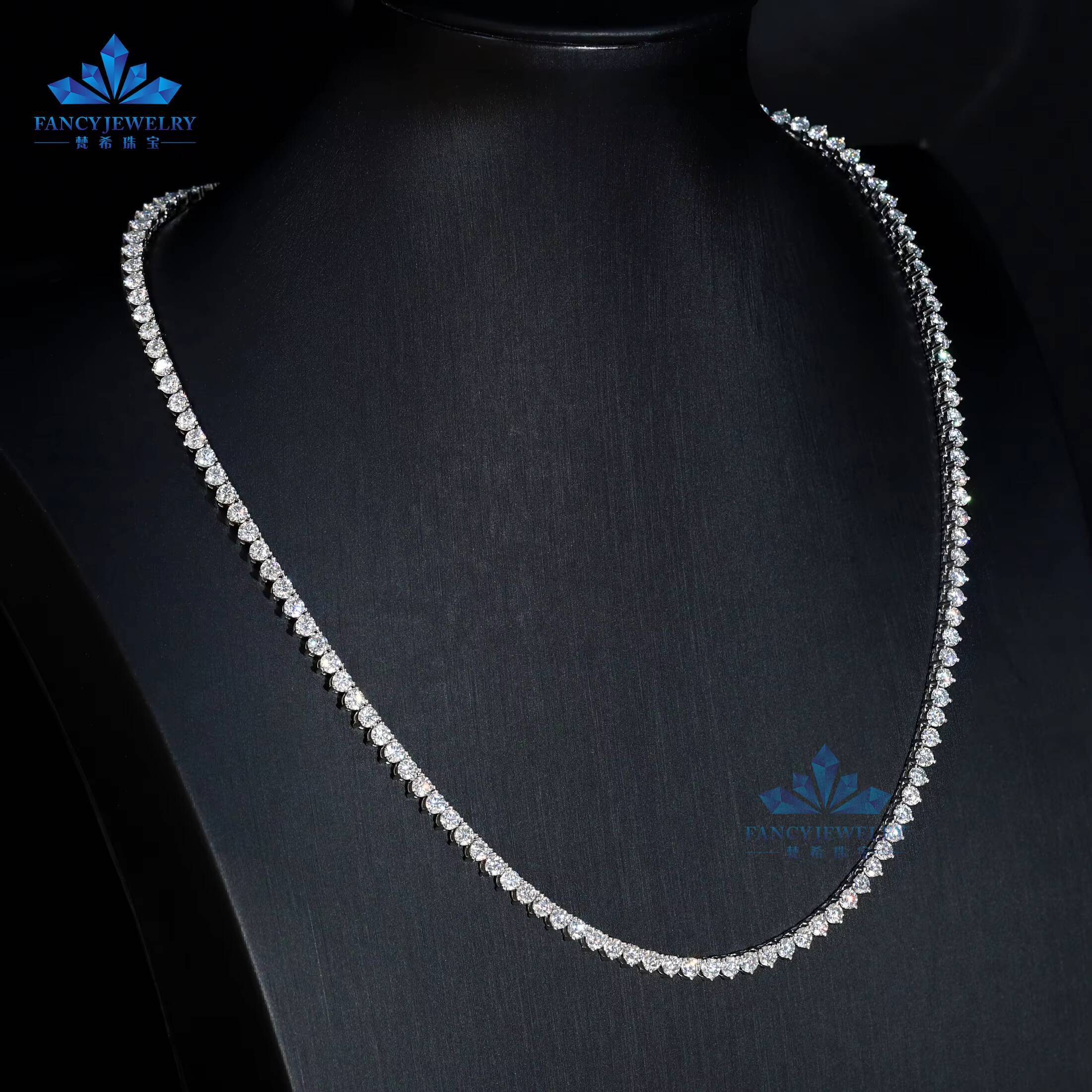 HipHop Style 3-Prong Tennis Chain Necklace for Men Women VVS Iced Out Round Brilliant Cut Diamond Gold Plated 925 Silver Jewelry