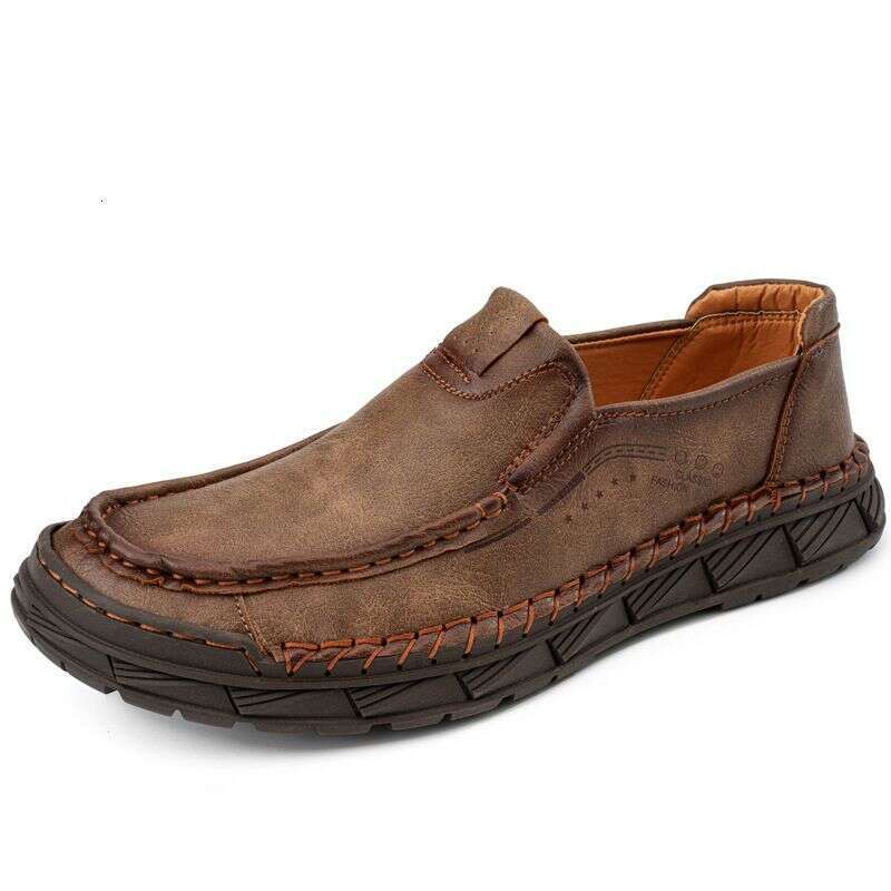 Large Size Men's Casual Leather Cowhide Bean Shoes, Hand Sewn Loafers, And Shoe Covers