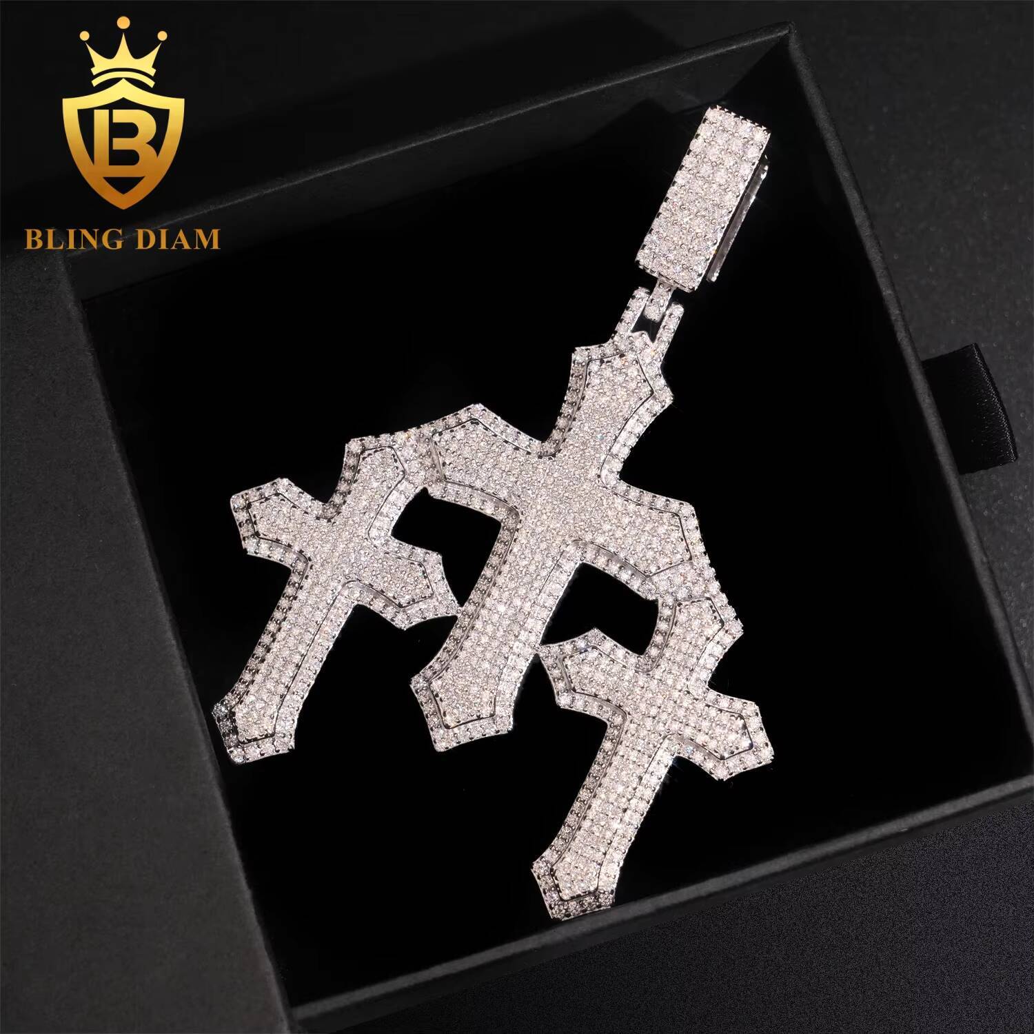 New Trendy Hip Hop Iced Out 925 Sterling Silver VVS1 Moissanite Diamond Man Jewelry 3 Crosses Pendant Necklace