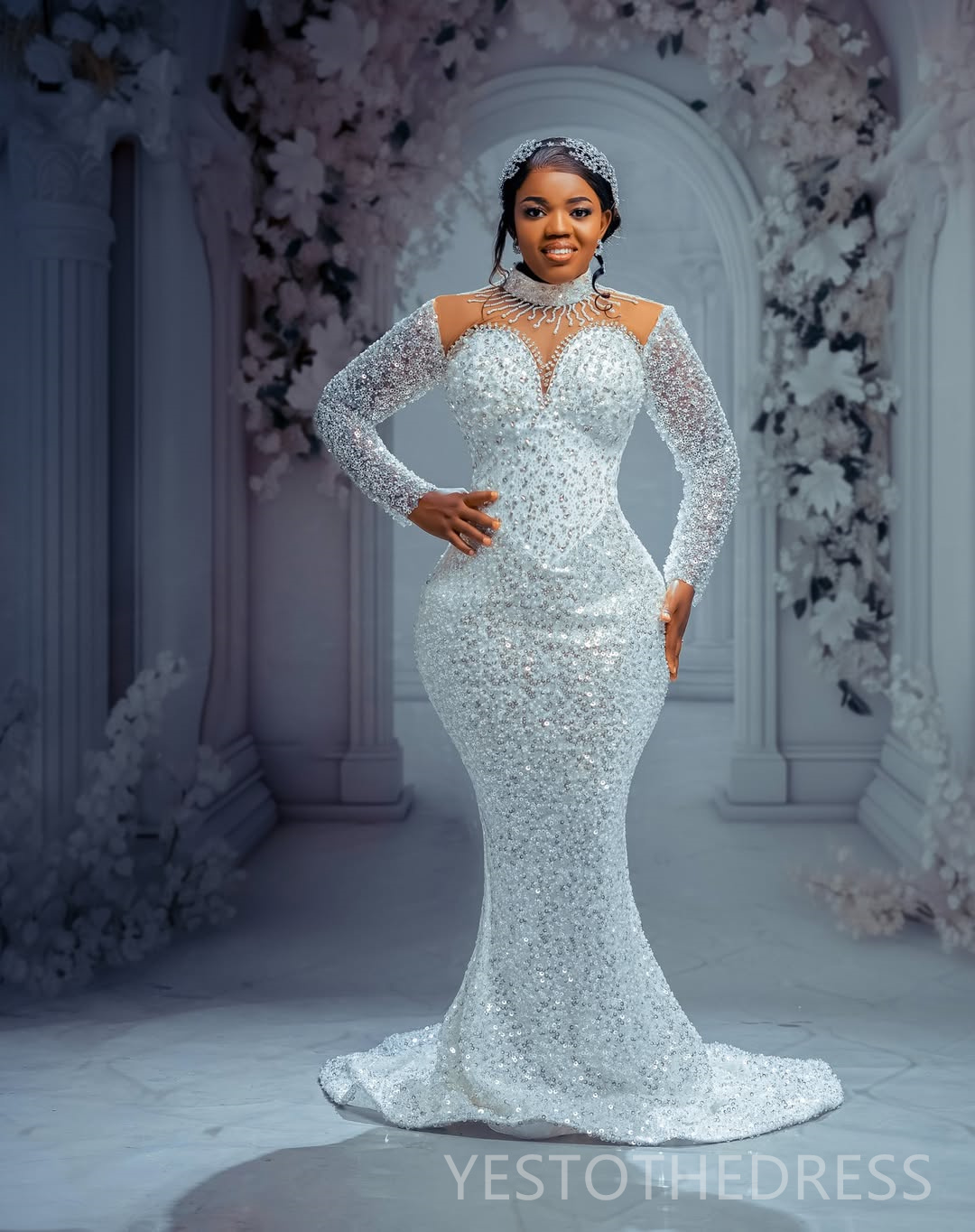 Arabic Aso Ebi Plus Size Off White Mermaid Wedding Dresses 2025 High Neck Sequined Lace Pearls Beaded Floral Lace Luxurious Vintage Bridal Gowns Dress