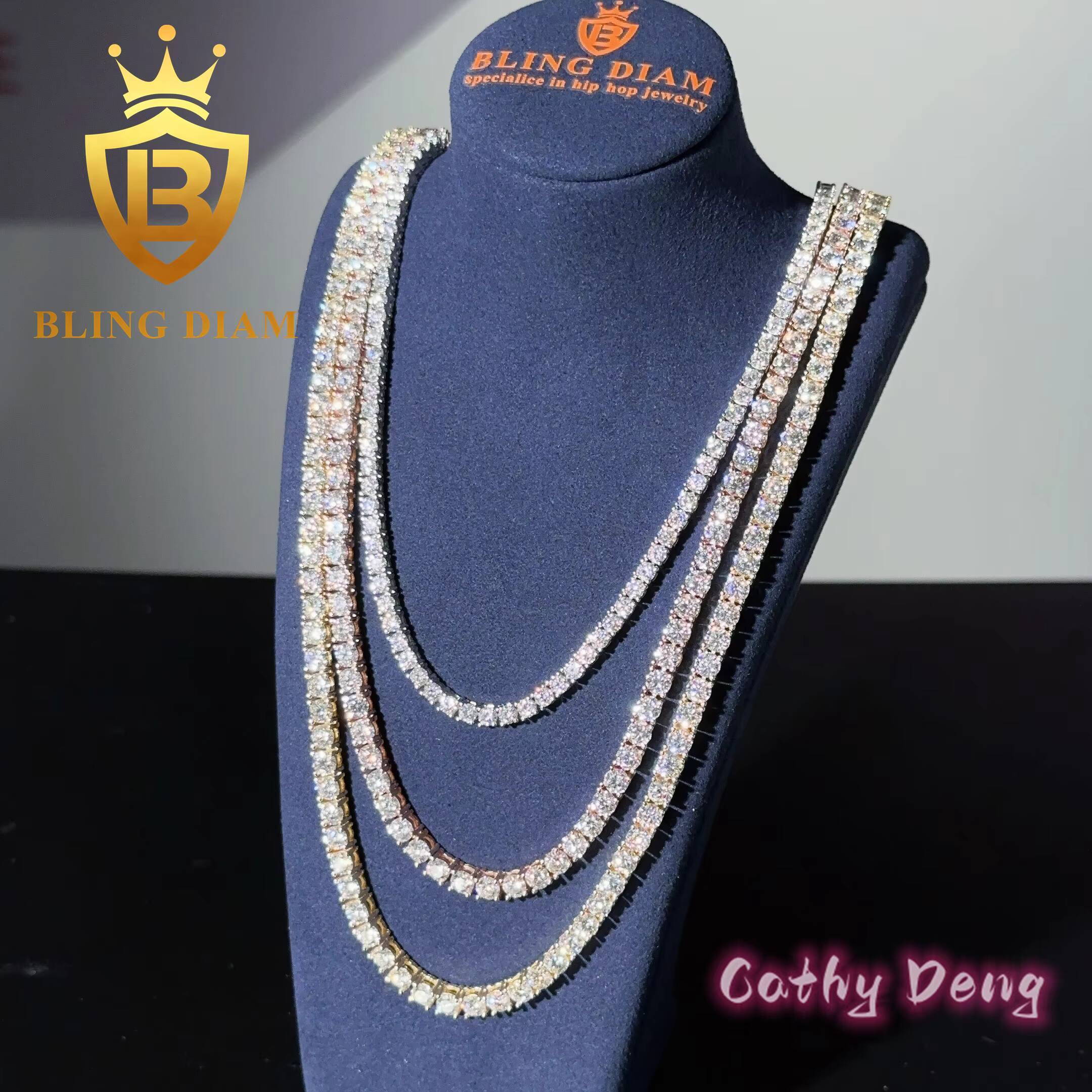 Ready Shipping 2mm 3mm 4mm Moissanite Tennis Chain 925 Sterling Silver Hip Hop Tennis Chain Necklace Rapper Jewelry