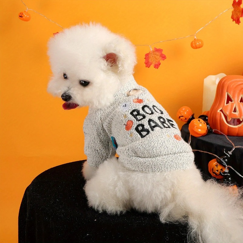 Pumpkin Ghost Halloween Crew Neck Pet Clothes Dog Cat Light Grey Funny English Embroidery Pullover Traction Jacket