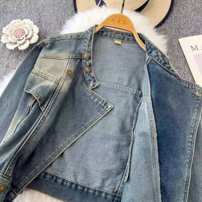 Women Denim Jacket 2025 New American Style Vintage Stand Collar Long Sleeve Button Zipper Splicing Light Blue Coat Female Trendy