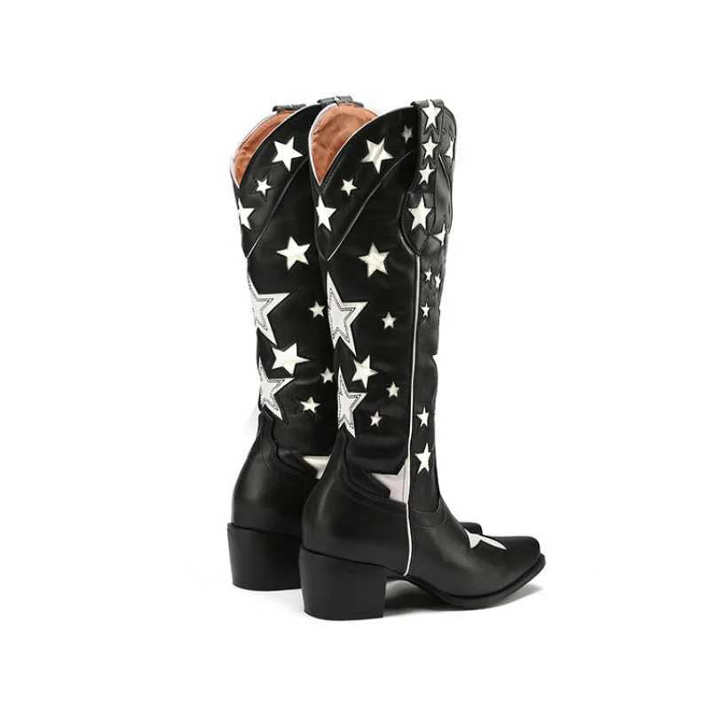 Vintage Trend Star Western Cowboy Boots Women Medium Block Heels Pull-on Cowgirl Boot Woman Autumn Winter Shoes 2025 Fall Winter