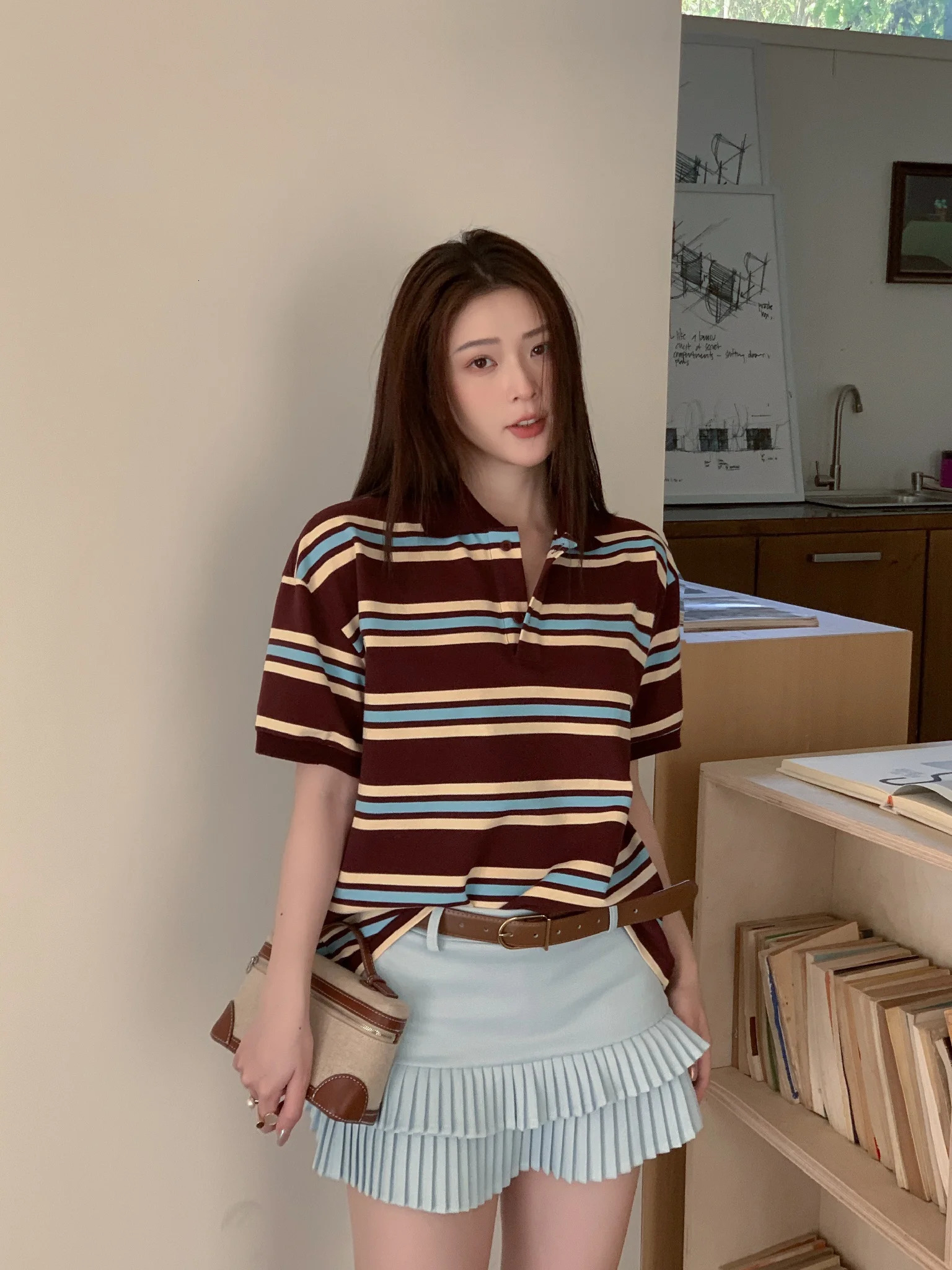 Summer Vintage Polo Shirts Woman Long Sleeve Crop Top Women Brown Stripe Streetwear Casual Tops Loose Mujeres 250814