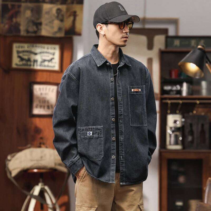 Designer Clothing 2025 American Vintage Cargo Denim Shirt Jacket For Men Streetwear Solid Color Heavyweight Multi-Pocket Workwear Coat Male Clothing