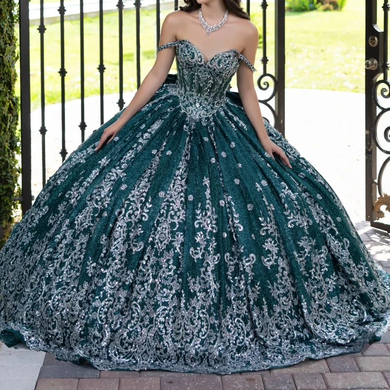 Blackish Green Shiny Ball Gown Quinceanera Dresses Spagheti Strap Sequin Applique Lace Beads Tull Party Birthday Vestidos 15 Anos Sweet 16 Dress