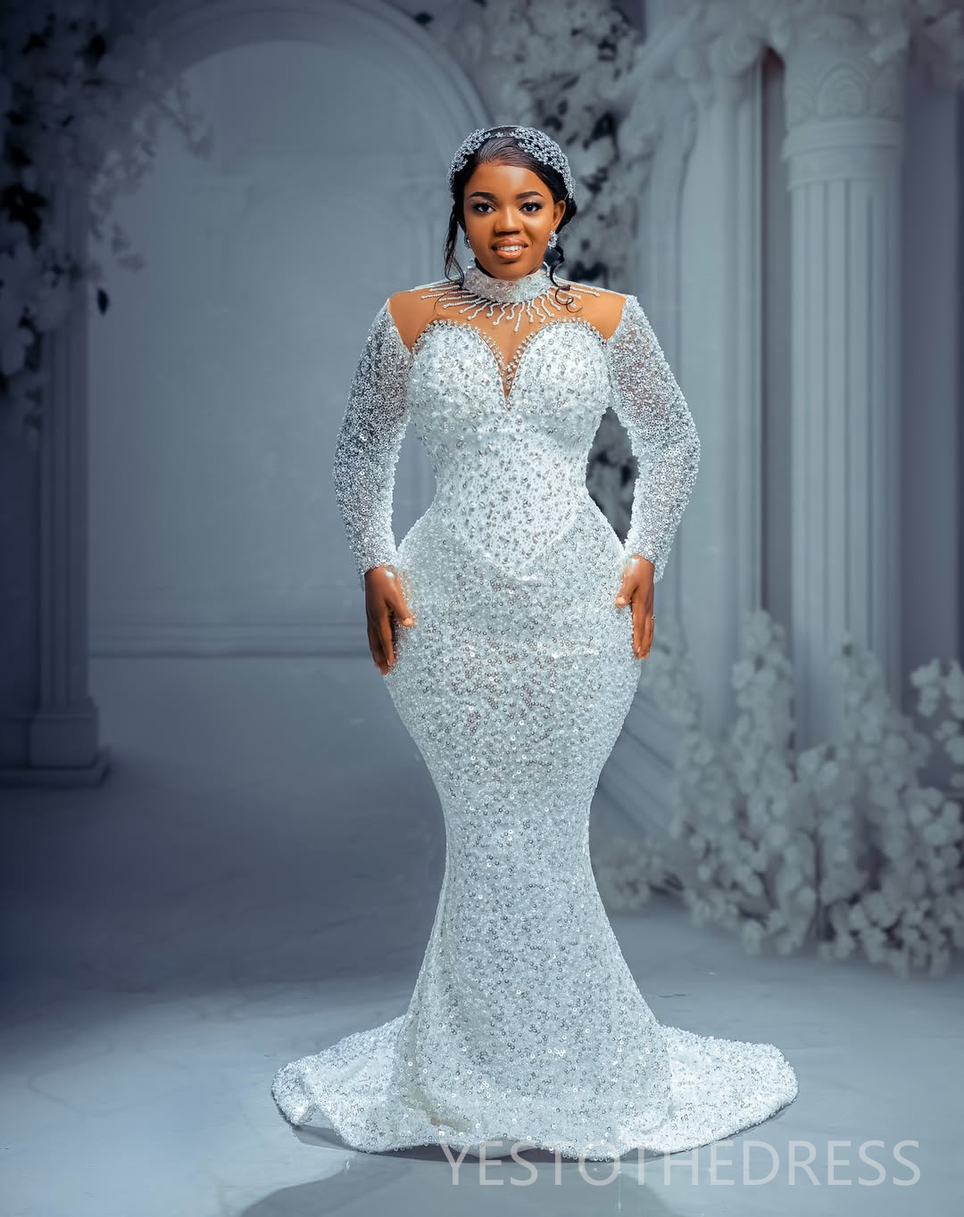 Arabic Aso Ebi Plus Size Off White Mermaid Wedding Dresses 2025 High Neck Sequined Lace Pearls Beaded Floral Lace Luxurious Vintage Bridal Gowns Dress