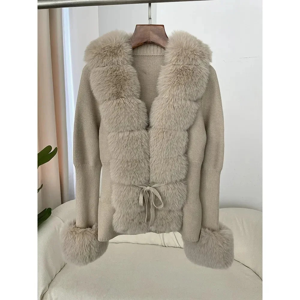 Autumn/Winter Womens Fur Coat Patchwork Knitted Sweater Bandage Fur Cardigan Detachable Collar Jacket Faux Fur Coat 250811