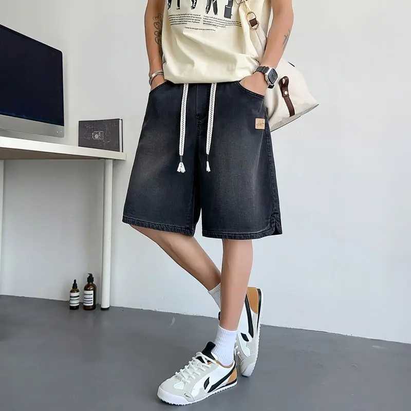 Summer New Casual Wide Denim Shorts Mens Baggy Fashion Elastic Waist Drawstring Straight Short Jeans StreetWear men clothing Y250814