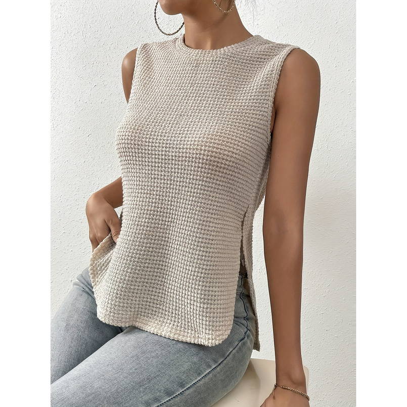 Women's Casual Pineapple Pattern Sleeveless Vest with Side Slit - Semi-Transparent Round Neck Summer Top, Medium Elasticity, Machine Washable Spr