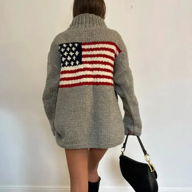 Retro Womens US Flag Long sleeved Pullover Sweater Knitted High Neck Large Y2K Sweater Retro Sweater Warm 250808