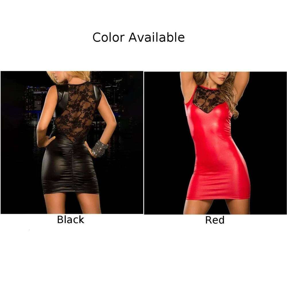Sexy Womens Wet Look Short Pu Leather Lace Bodycon Mini Dress Tight Fitting Night Party Club Wear Sensual Temptation
