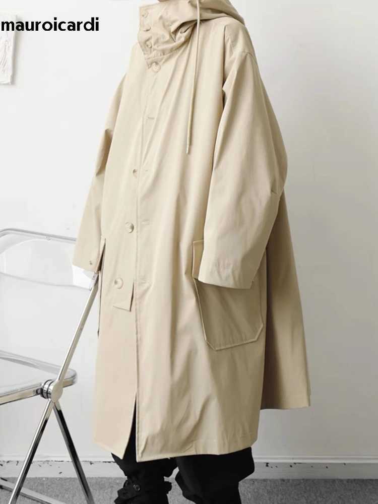 Mauroicardi Spring Autumn Long Black Khaki Oversized Trench Coat Men with Hood Pockets Loose Casual Windproof Windbreaker 2023 W250815