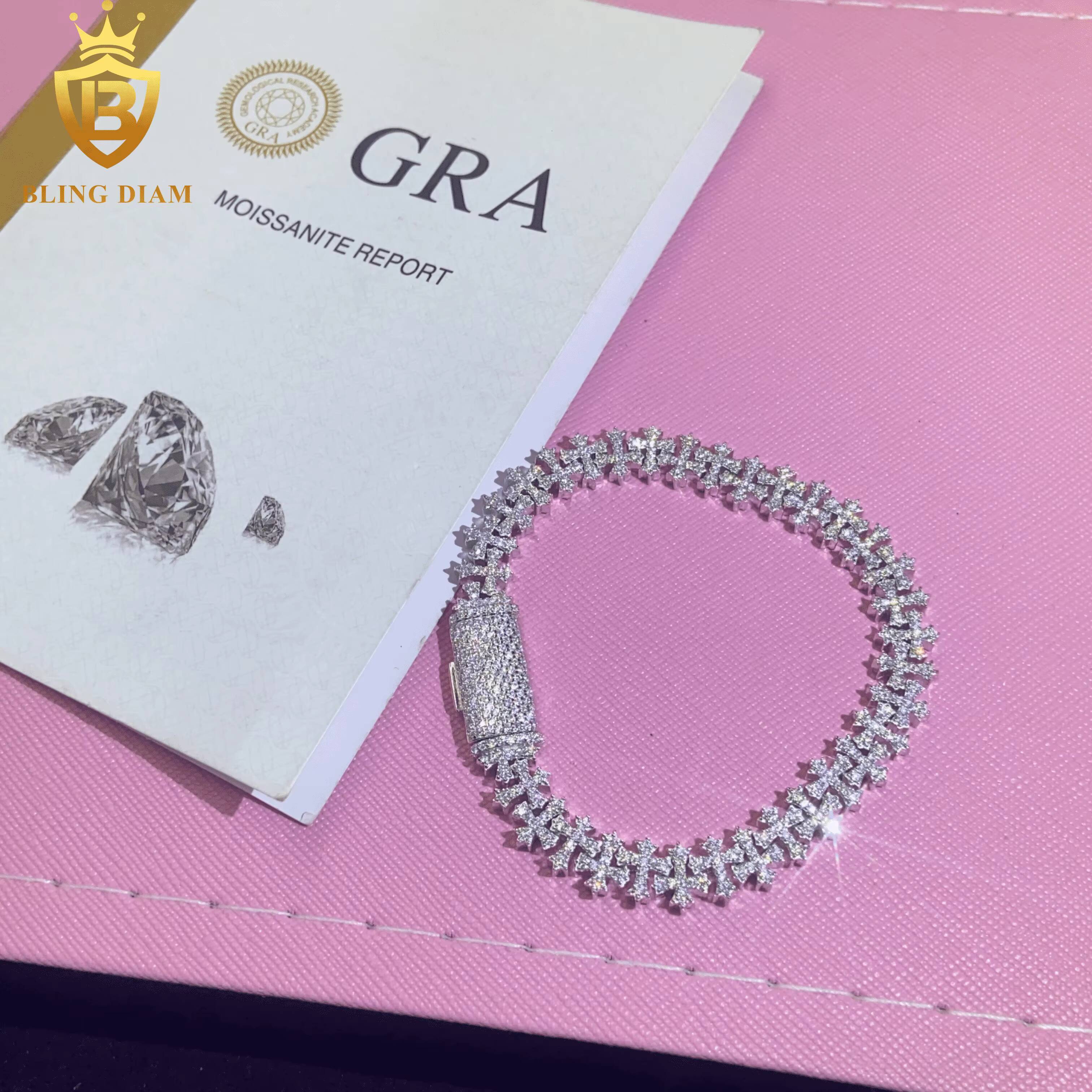 New Design Fashion 925 Sterling Silver 8.5mm Chain Moissanite Cuban Bracelet Men Women Cross Bracelet Hip Hop Style with GRA