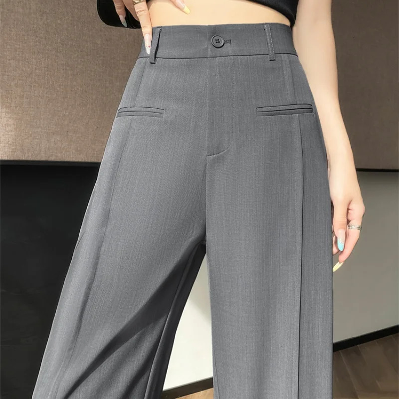 Seoulish 2025 High Waist Suit Wide Leg Womens Full Length Pants Summer Elegant Minimalism Straight Loose Trousers Female 250808