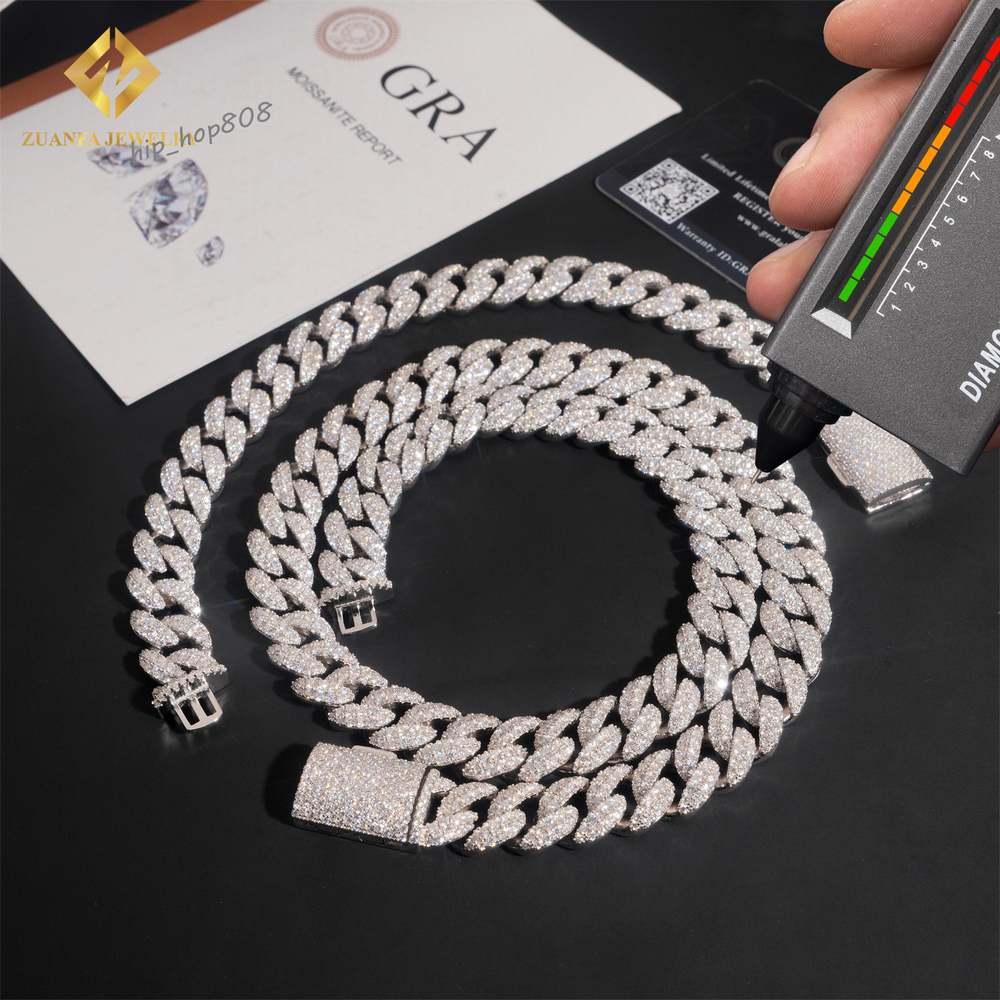 High Quality Jewelry Hip Hop Style Custom Iced Out Diamond 925 Silver 13mm 2 Rows VVS Moissanite Cuban Link Chain Necklace