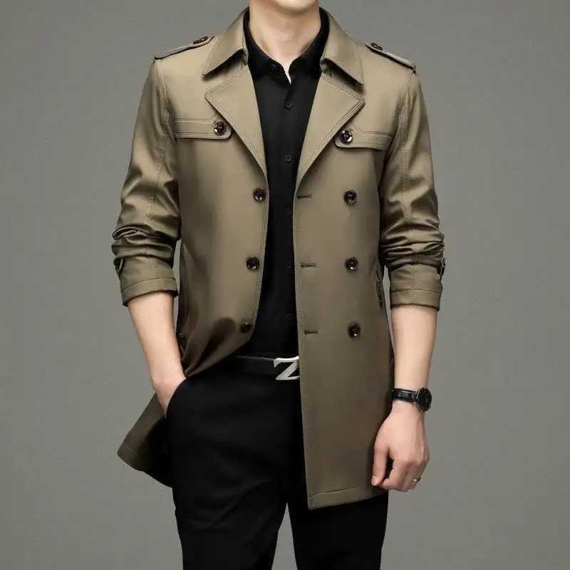 Mens Double Breasted Windbreaker Jacket Stylish Fall Trench Wind Coat Trendy Fit Long Sleeve Casual Jacket W250815