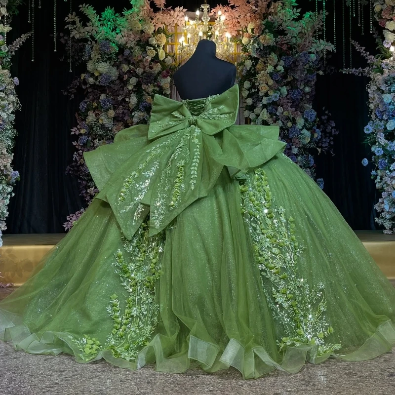 Green Shiny Princess Sweet 16 Dress Quinceanera Dresses Off The Shoulder Sequin Applique Beading Bow Tull With Cape Party Birthday Vestdos 15 Anos