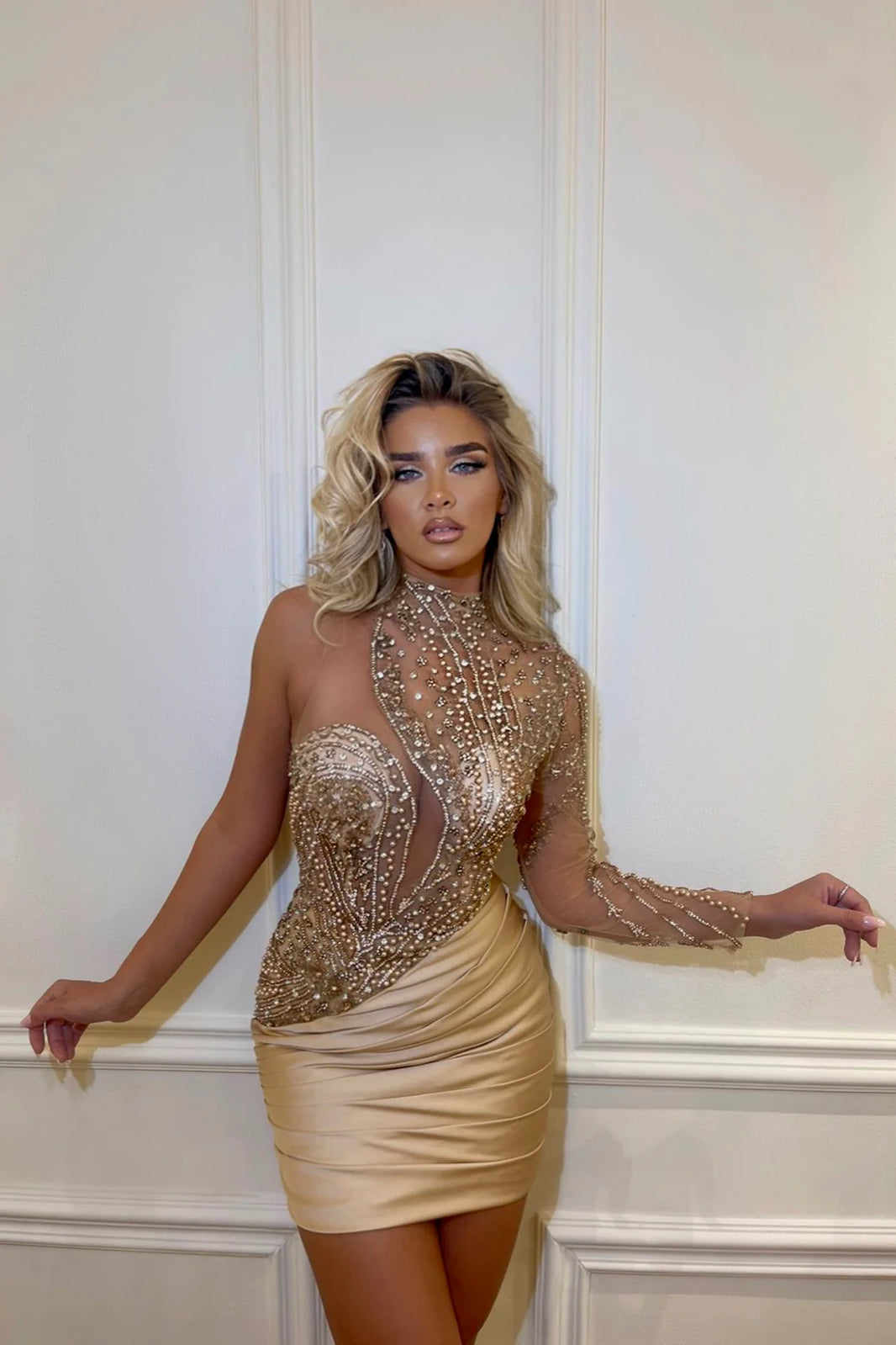 Stunning Short Evening Dresses Hign Neck One Shoulder Party Dresses Crystal Beading Vestido De Gala Customized