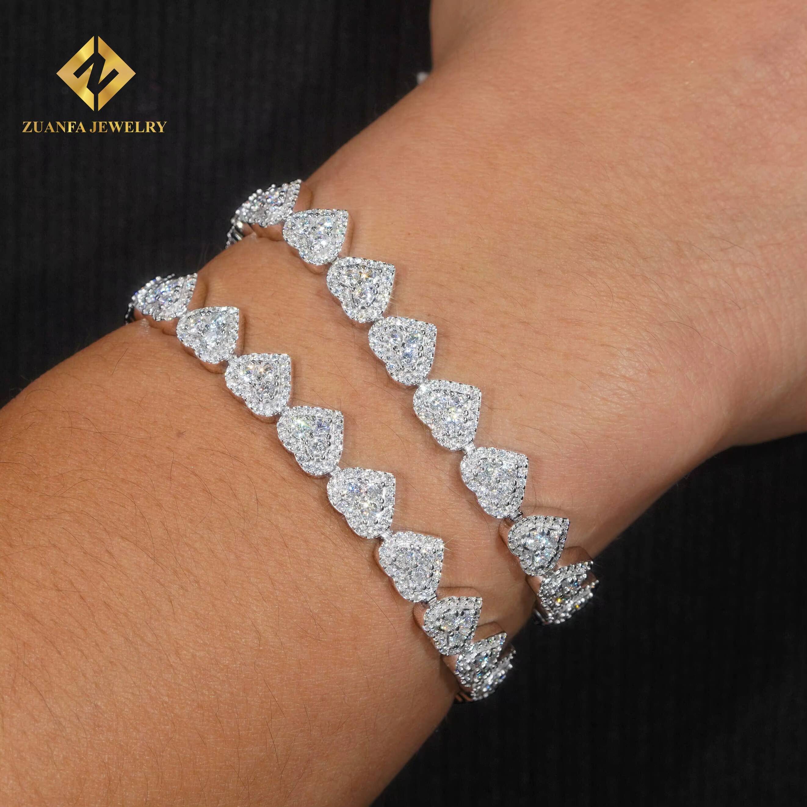 Fashion Jewelry Iced Out Hip Hop 925 Sterling Silver White Gold VVS1 Moissanite Diamond Cluster Heart Shape Hip Hop Bracelet