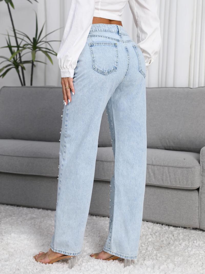 Women's Jeans Women Straight-Leg Denim With Fashion Faux Pearl Detail Casual Style Non-Stretch Light Blue Mid-waist Pants