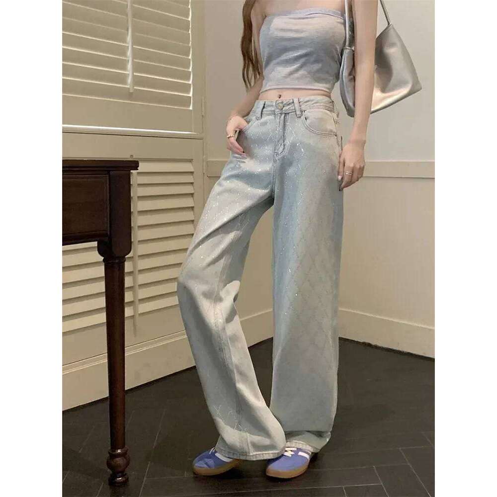 Women Blue Baggy Plaid Jeans Vintage Y2k Cowboy Pants Haruku Aesthetic Denim Trousers Trashy Japanese 2000s Style Clothes 2024