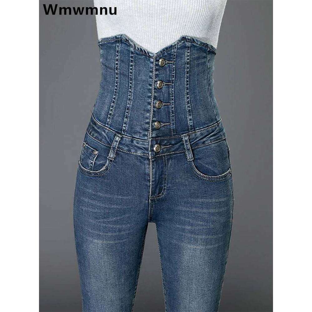 Sexy Super High Waist Skinny Pencil Jeans Women Streetwear Button Fly Denim Pants Korean Stretch Vaqueros Big Size 36 Pantalones