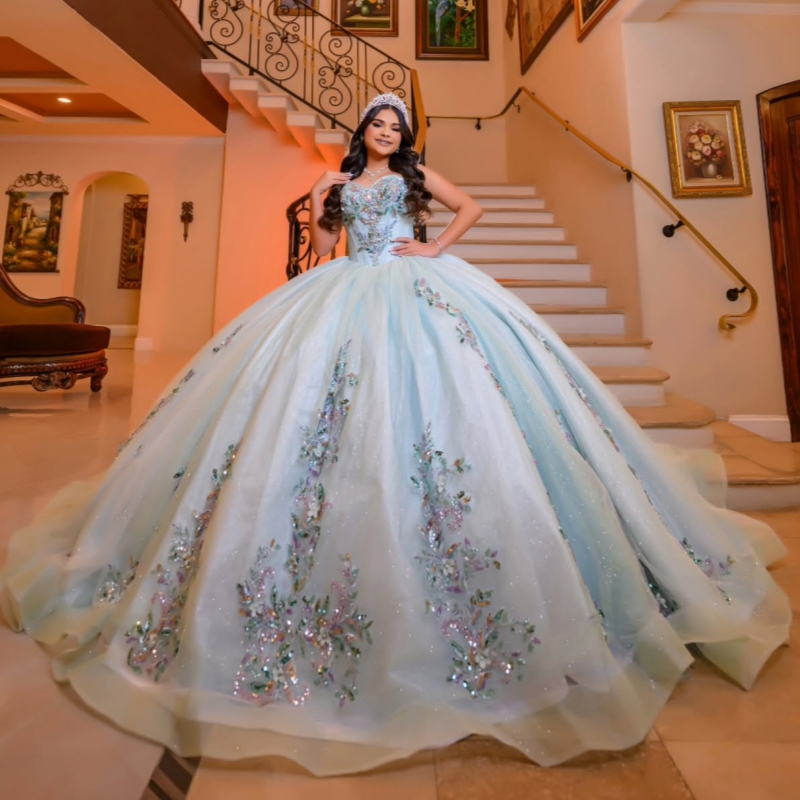 Water Blue Shiny Princess Sweet 16 Dress Dress Quinceanera Dresses Sequin Applique Beads Tull Party Birthday Vestido De 15 Anos Ball Gowns