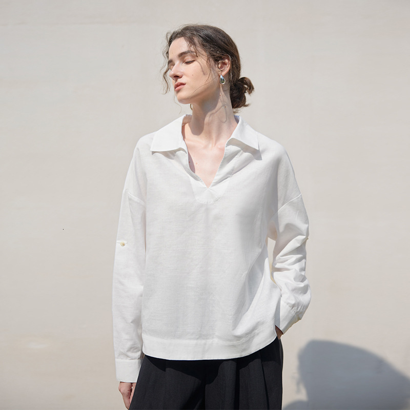Old Style Pure White V-Neck Long Sleeve Shirt for Women, New Autumn and Winter Linen Loose Shirt, High-End Relaxed Top