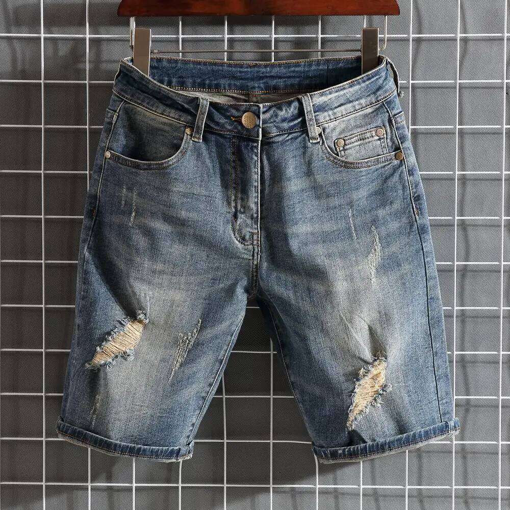 Fashion Trendy Summer Korean Clothing Cowboy Streetwear Casual Denim Knee Length Stretch embroidered Shorts for Men