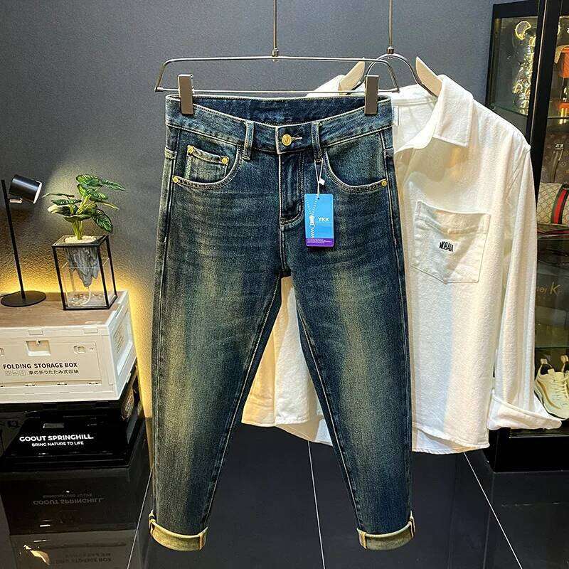 2024 New Autumn and Winter High-End Jeans Men's American Retro Washed Slim-Fitting Small Straight Casual Denim Tappered Pants