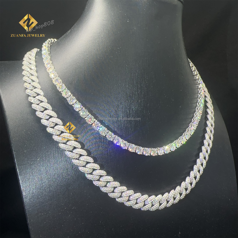 Hot Selling Fire Jewelry Lowest Price 10mm Iced Out Man Hip Hop Pass Diamond Tester Moon Shape Moissanite Miami Cuban Link Set