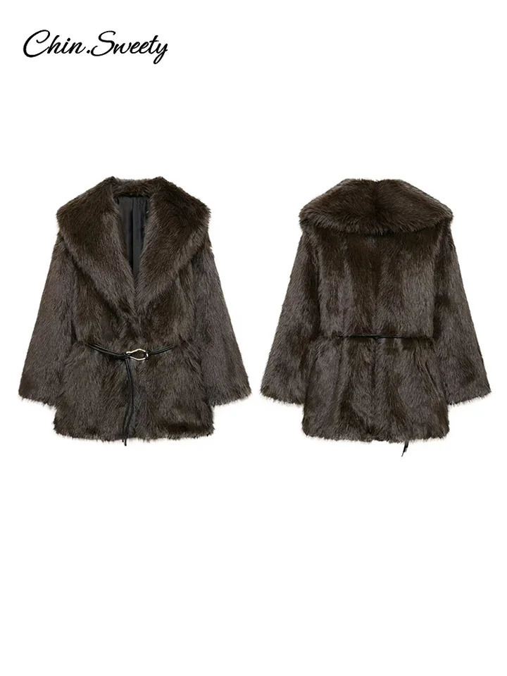 Faux Fur Lapel Coats Women With Belt Autumn Winter Long Sleeve Pocket Coat Female Elegant Thicken Warm Loose Outwear 250811