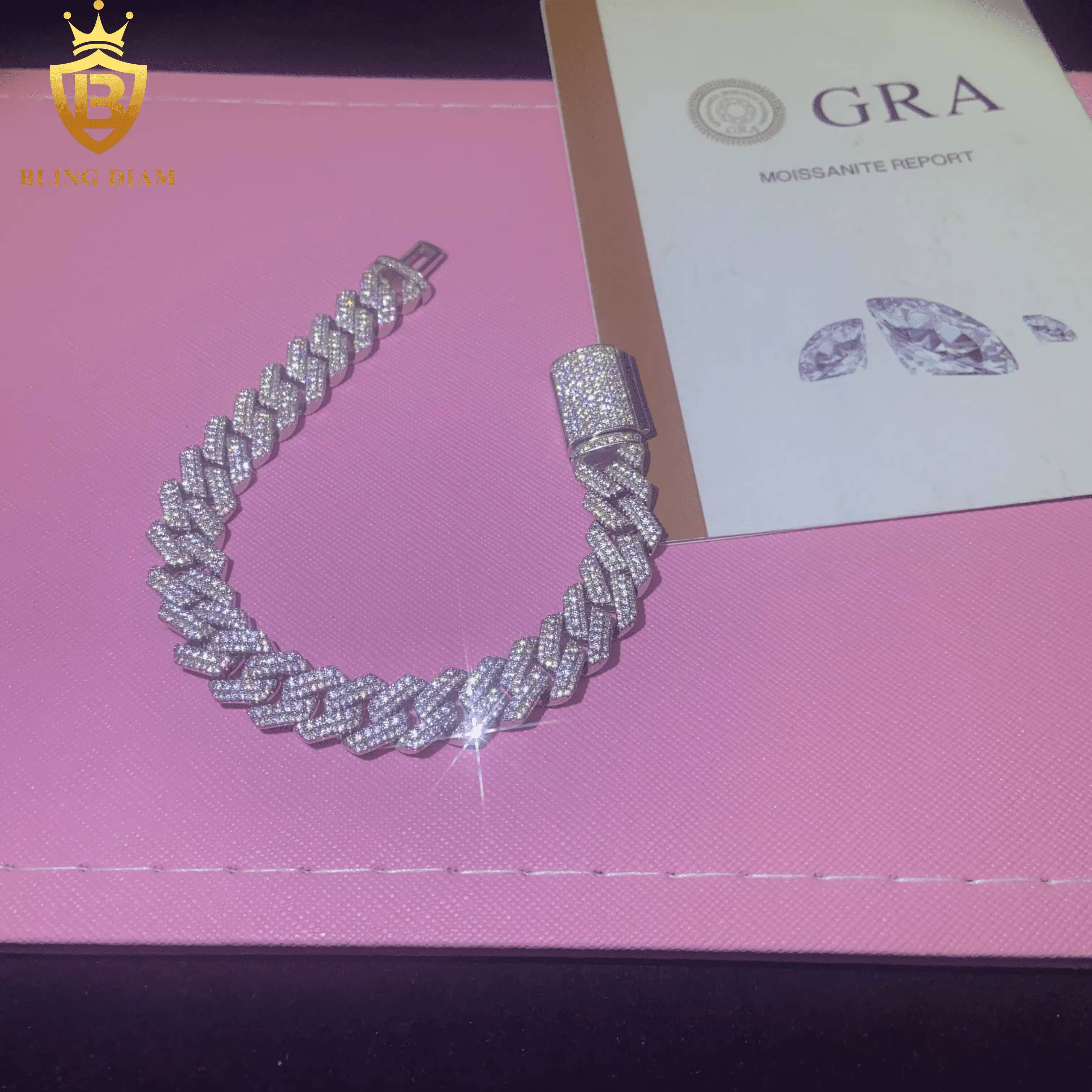 New Design Fashion 925 Silver Cuban Chain Moissanite Cuban Bracelet Men Women Hip Hop Style Pass Diamond Tester GRA Certificate