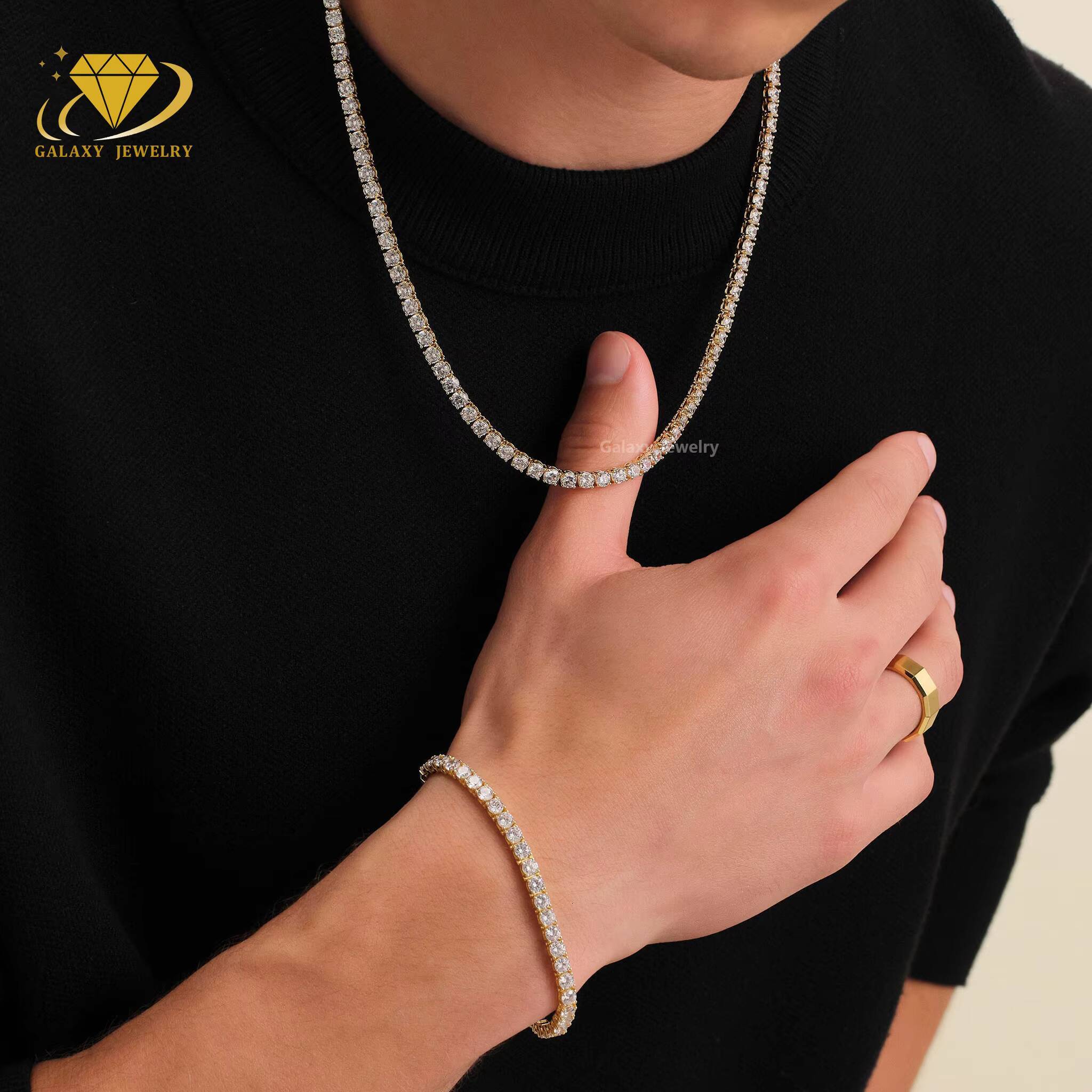 Fashion Jewelry Tennis Chain Custom 10K 14K 18K Solid Gold Iced Out Moissanite Diamond Tennis Chain Bracelet Necklace Men Women