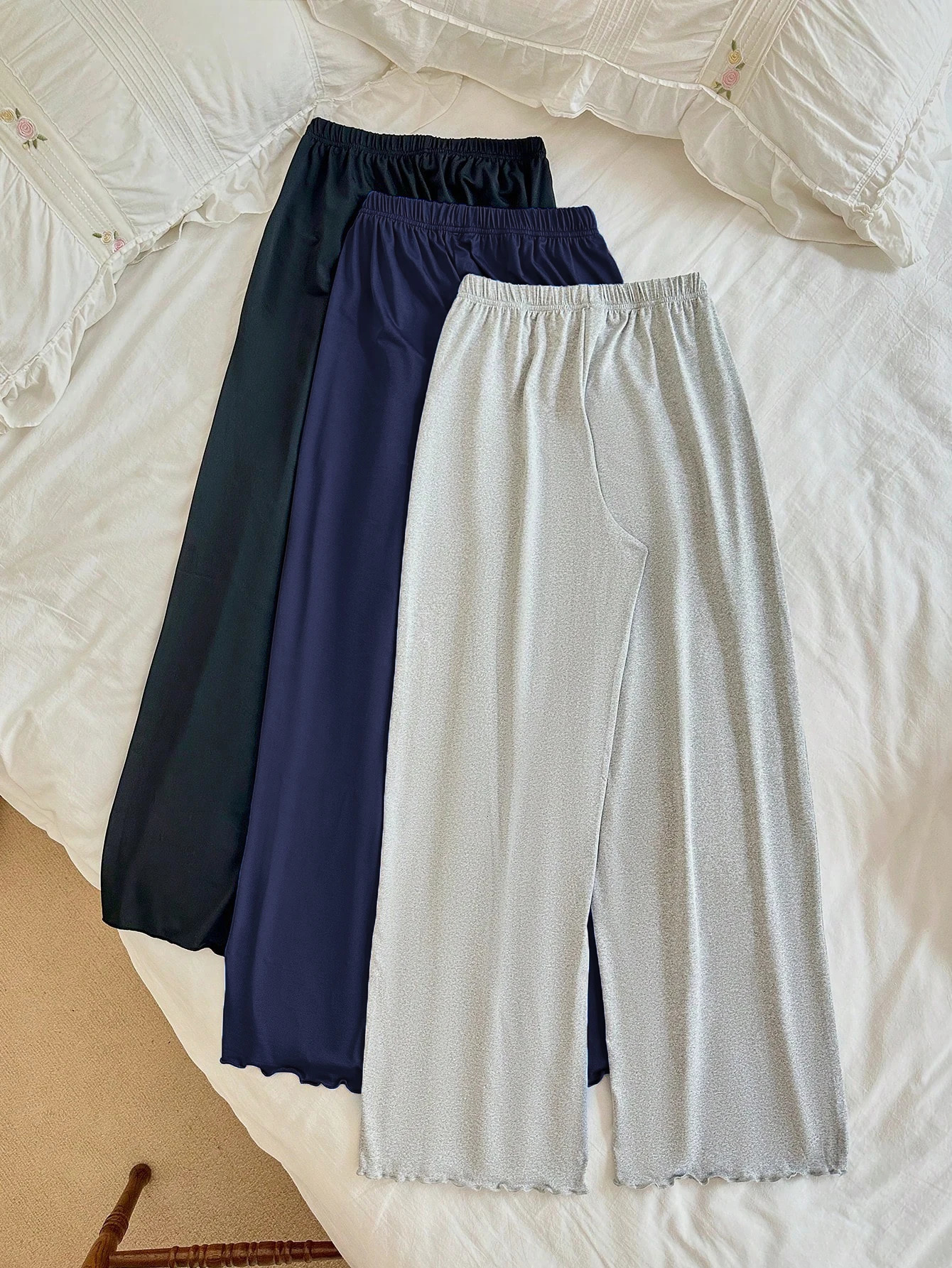 Fashionable and versatile high waisted loose wide leg ruffled hem womens long pants 3piece set 250808