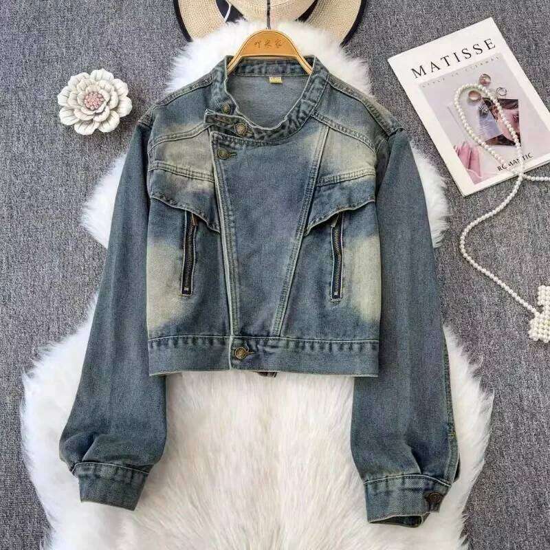 Women Denim Jacket 2025 New American Style Vintage Stand Collar Long Sleeve Button Zipper Splicing Light Blue Coat Female Trendy