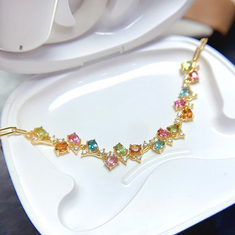 925 silver bracelet 925 silver tourmaline bracelet 3mm*4mm natural tourmaline jewelry for vacation 18K gold plated silver multi-color gemstone bracele